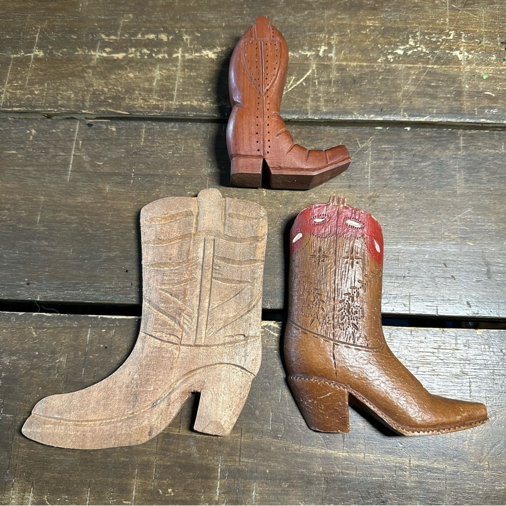 Lot of Three Vintage Hand Carved Mini Cowboy Boots Figurine Western Collectable